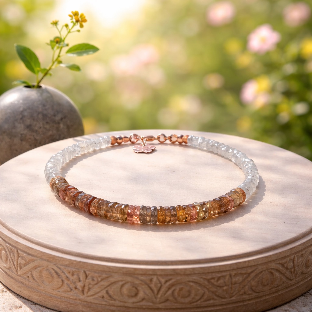 Natural Moonstone | Champagne Sapphire Bracelet 14k Rose Gold Filled 7.3"